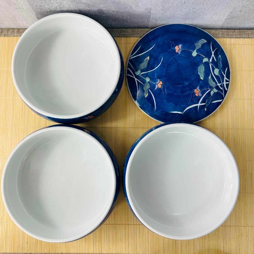 Amazon.co.jp: 有田焼 3段重ね鉢＆蓋付き小鉢5客セット レトロ 青峯窯
